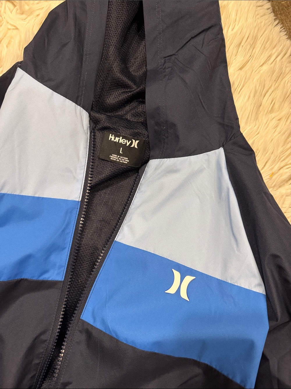 Hurley Navy Hooded Colorblock Windbreaker with Bright Blue Panels - Large